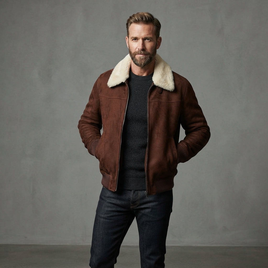 Men's Suede Genuine Leather Bomber Jacket - Leather Outlet