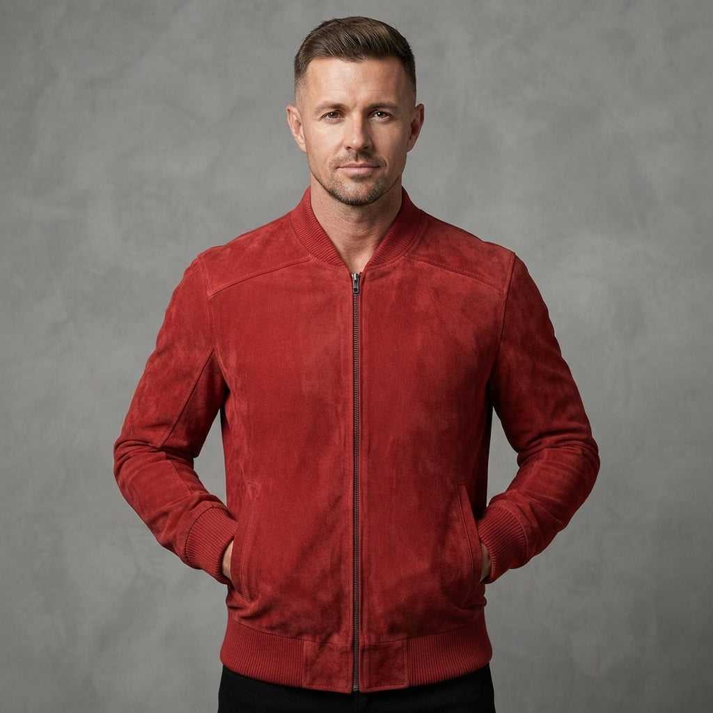 Men's Red Suede Retro Leather Jacket - Leather Outlet