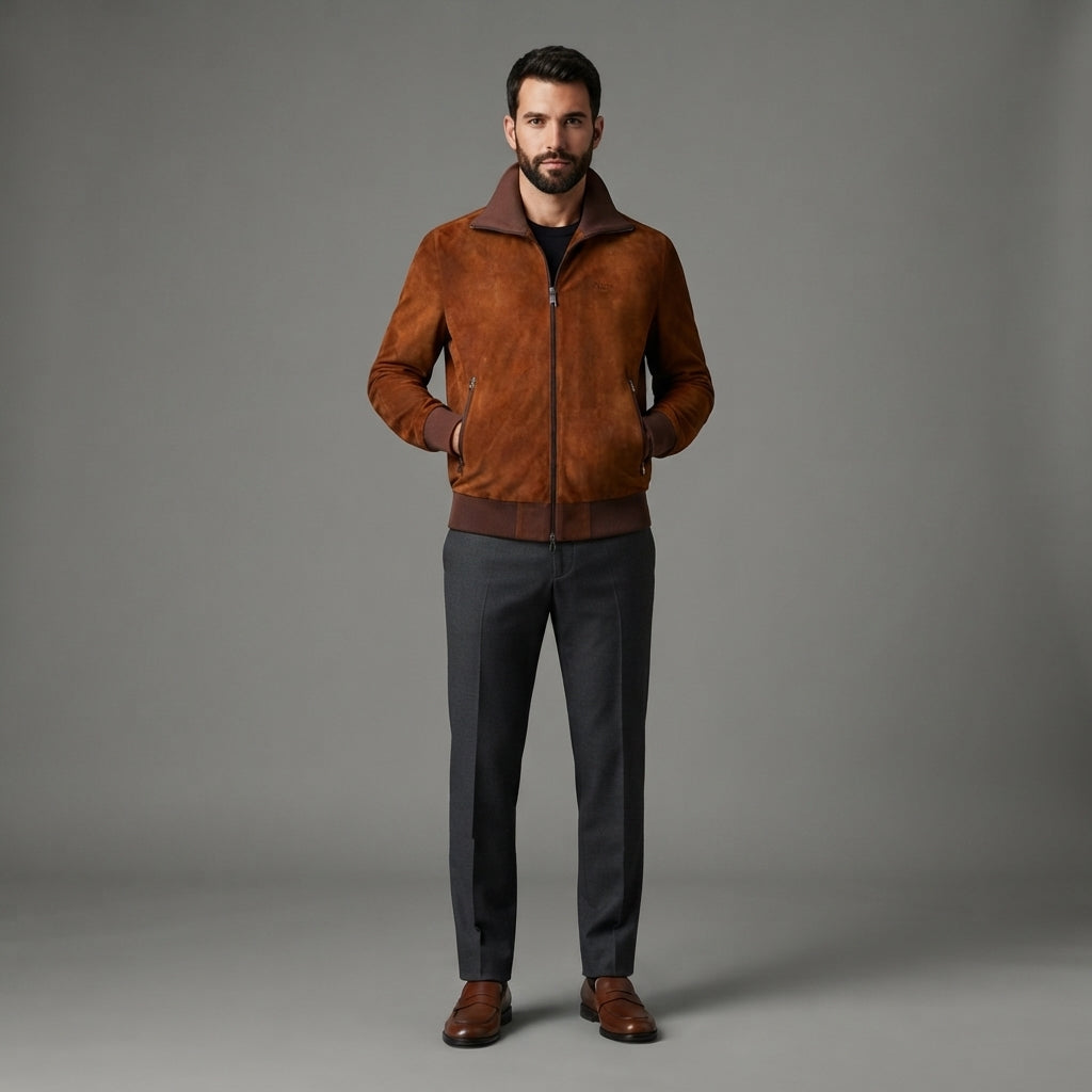 Men's Suede Blouson Long Sleeve Leather Jacket - Leather Outlet