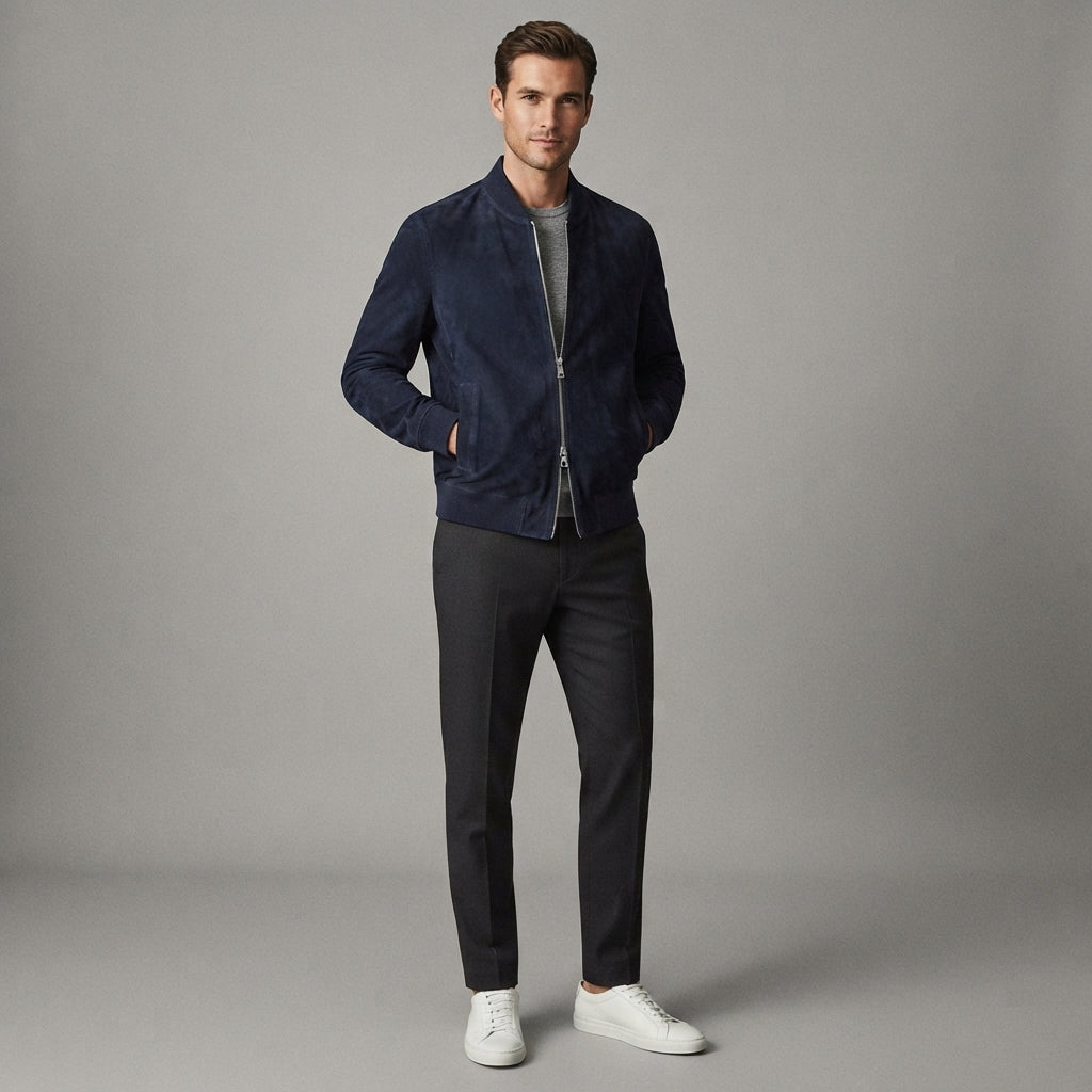 Men's Dark Blue Suede Bomber Jacket - Leather Outlet