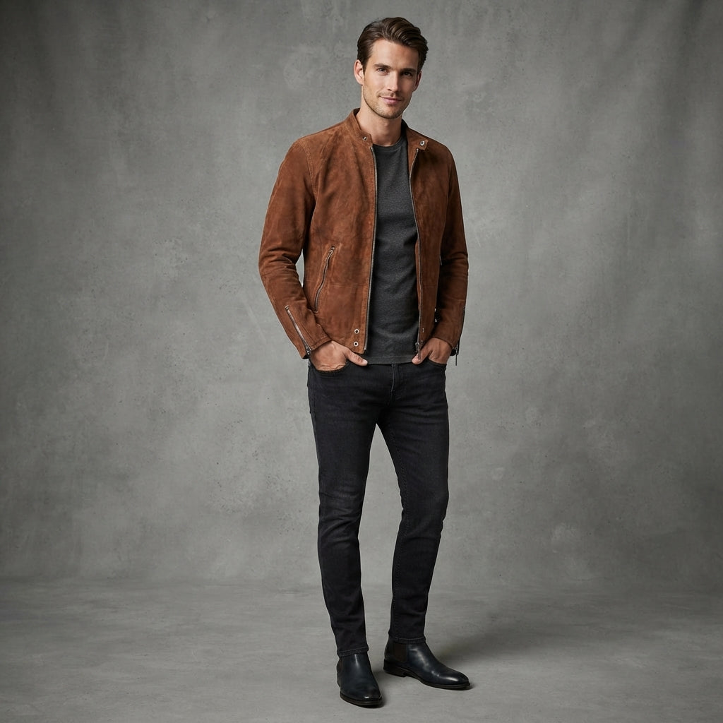 Men's Brown Suede Cafe Racer Jacket - Leather Outlet