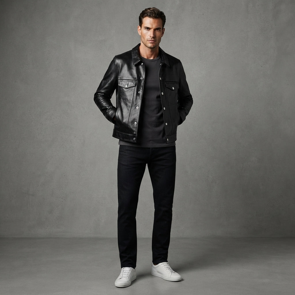 Men's Leather Button-Up Trucker Jacket - Leather Outlet