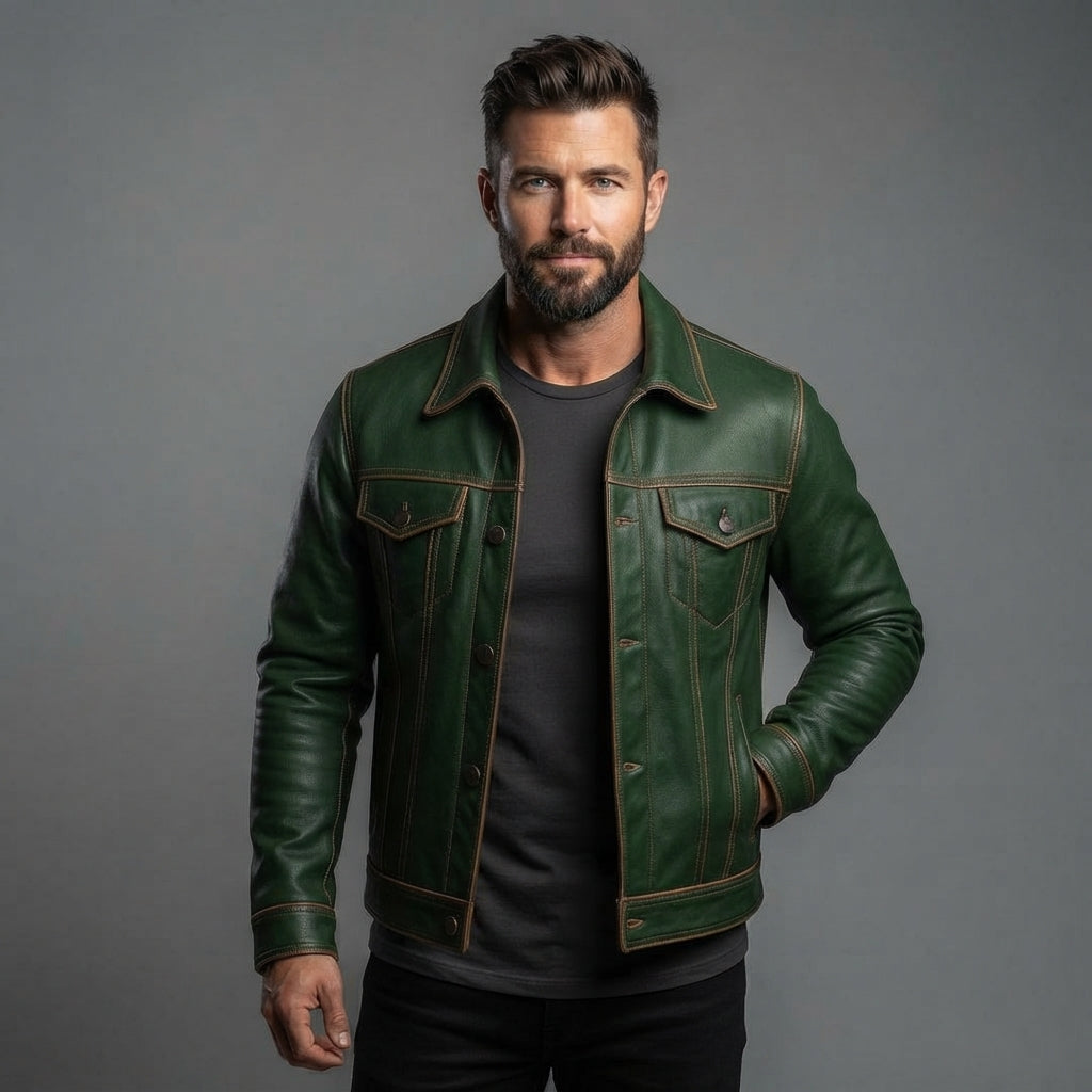 Men's Green Leather Biker Jacket - Leather Outlet