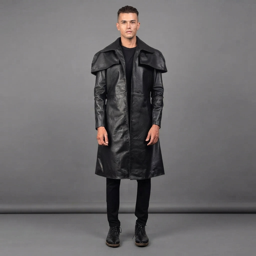 Men's Black Leather Duster Coat Long - Leather Outlet