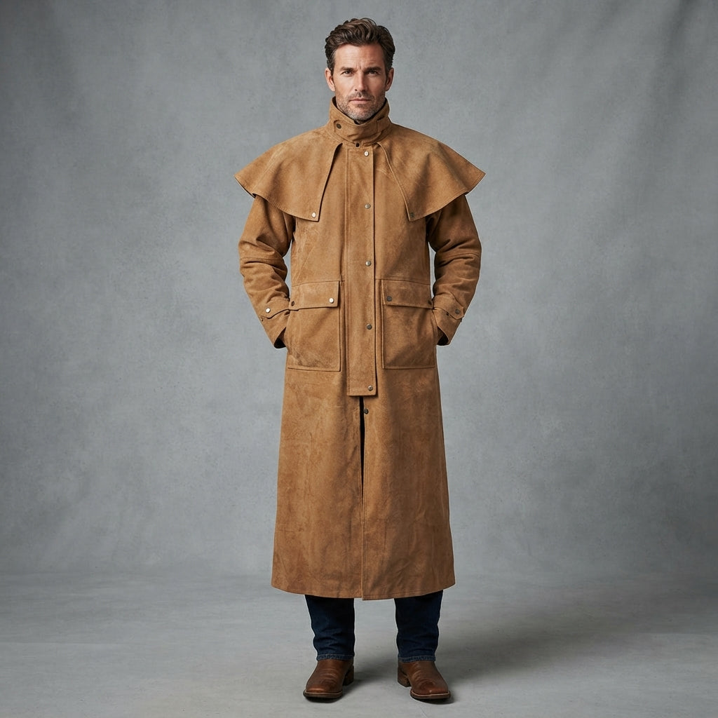 Men's Tan Leather Duster Coat - Leather Outlet