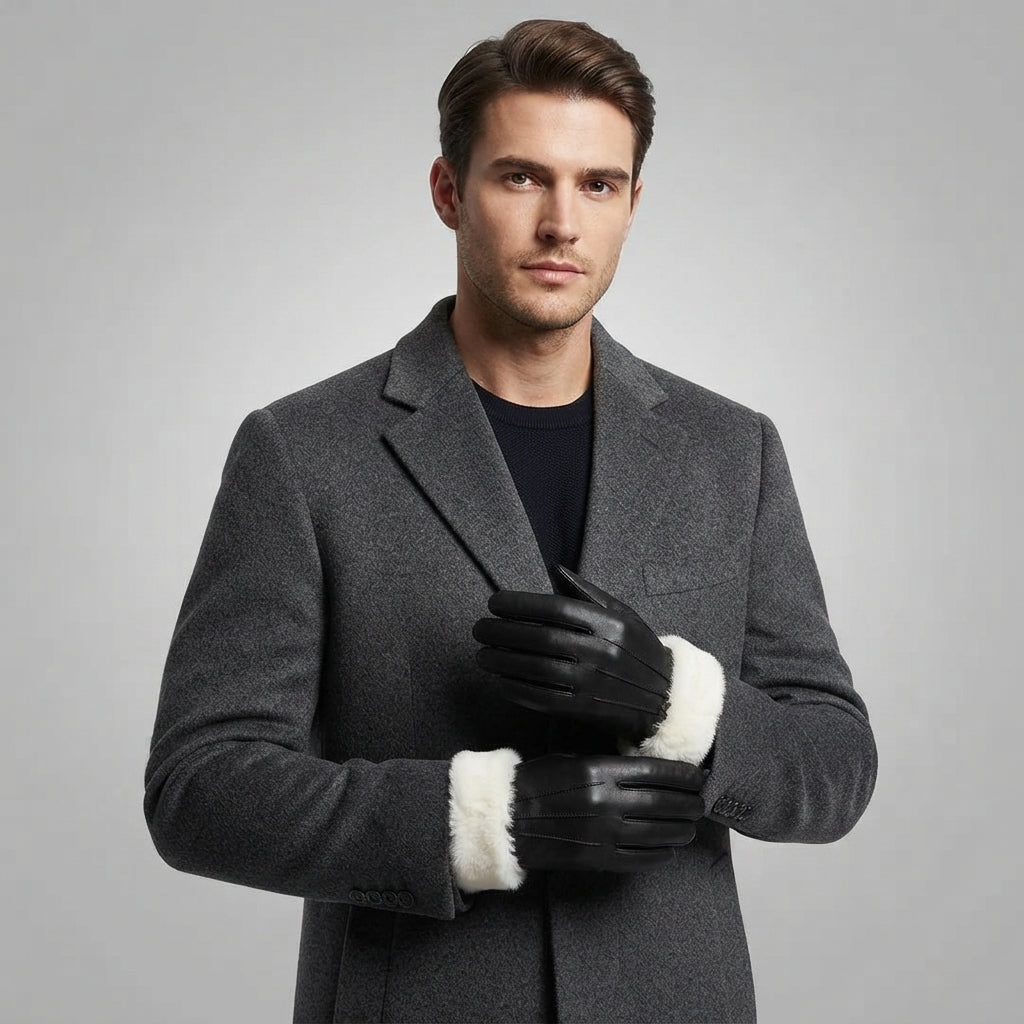 Men's Black Lambskin Leather Gloves with White Fur - Leather Outlet