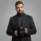 Men's Black Lambskin Leather Gloves with Brown Fur - Leather Outlet
