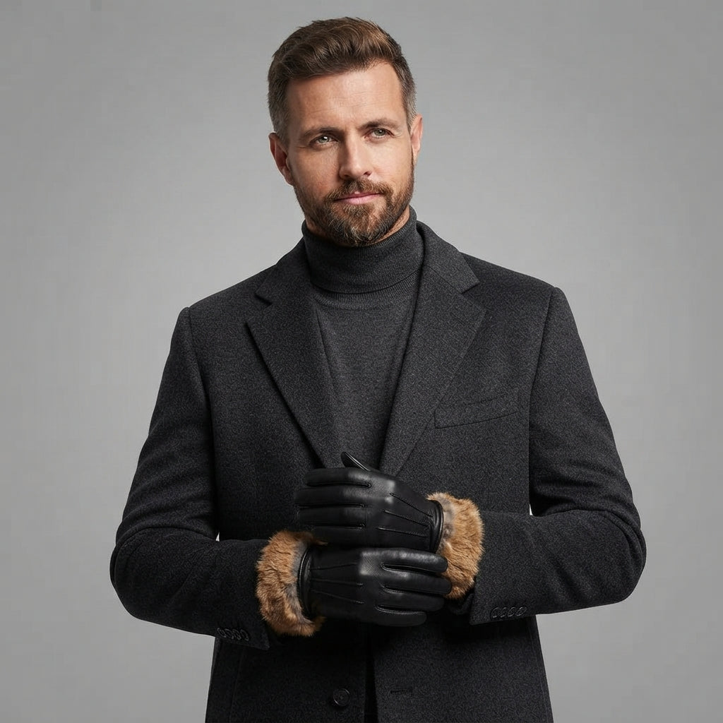 Men's Black Lambskin Leather Gloves with Brown Fur - Leather Outlet
