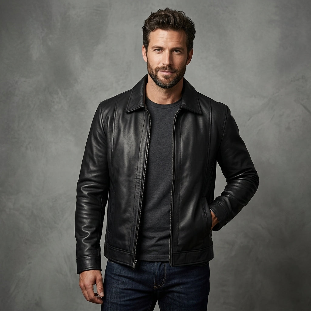 Men's Casual Black Leather Jacket - Leather Outlet