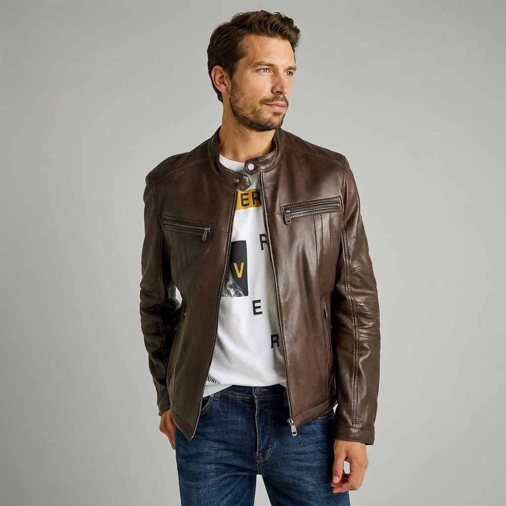 Men's Slim Fit Brown Leather Jacket - Leather Outlet