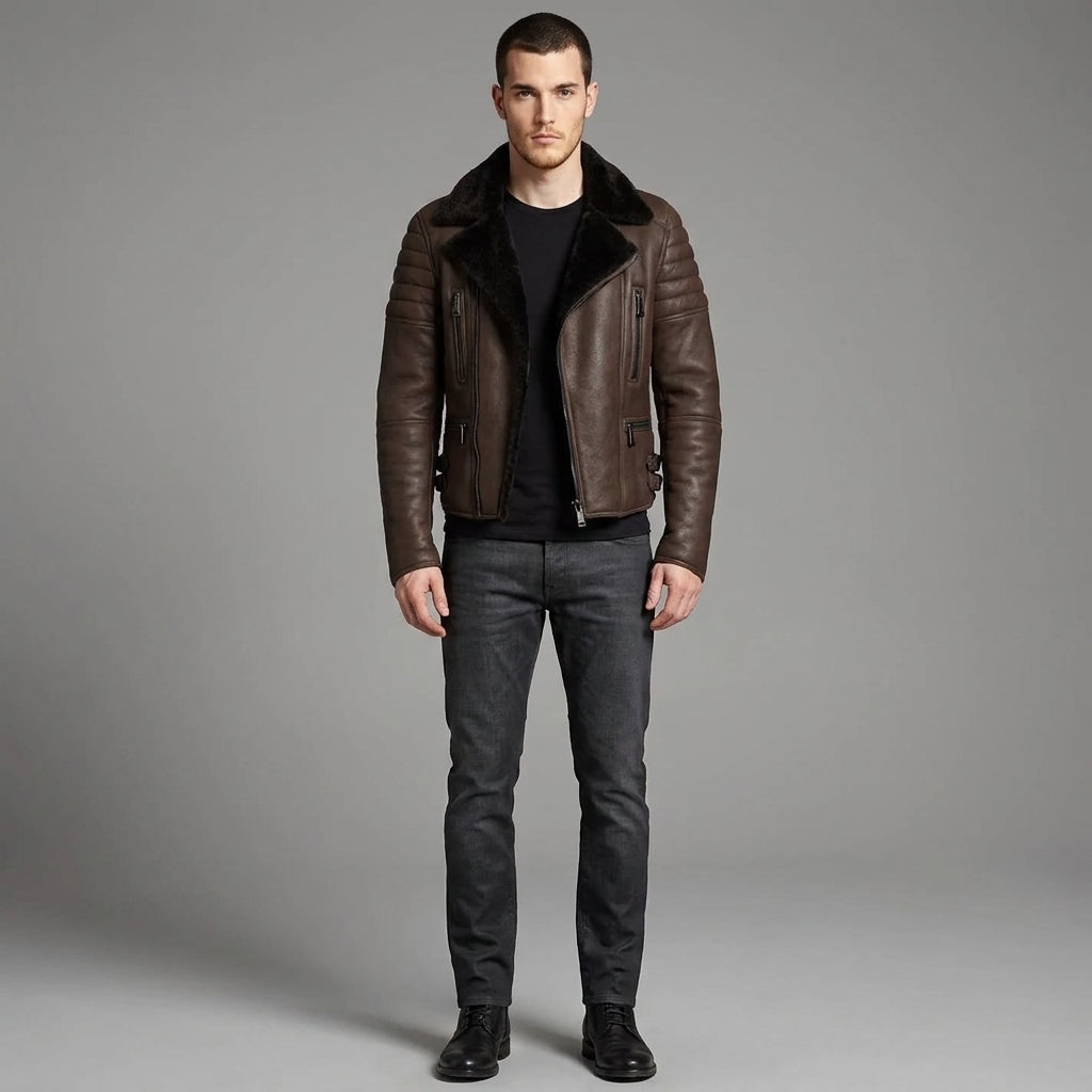 Men's Brown Sheepskin Cafe Racer Leather Jacket - Leather Outlet