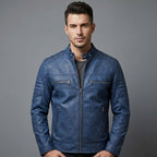 Men's Blue Cafe Racer Leather Jacket - Leather Outlet