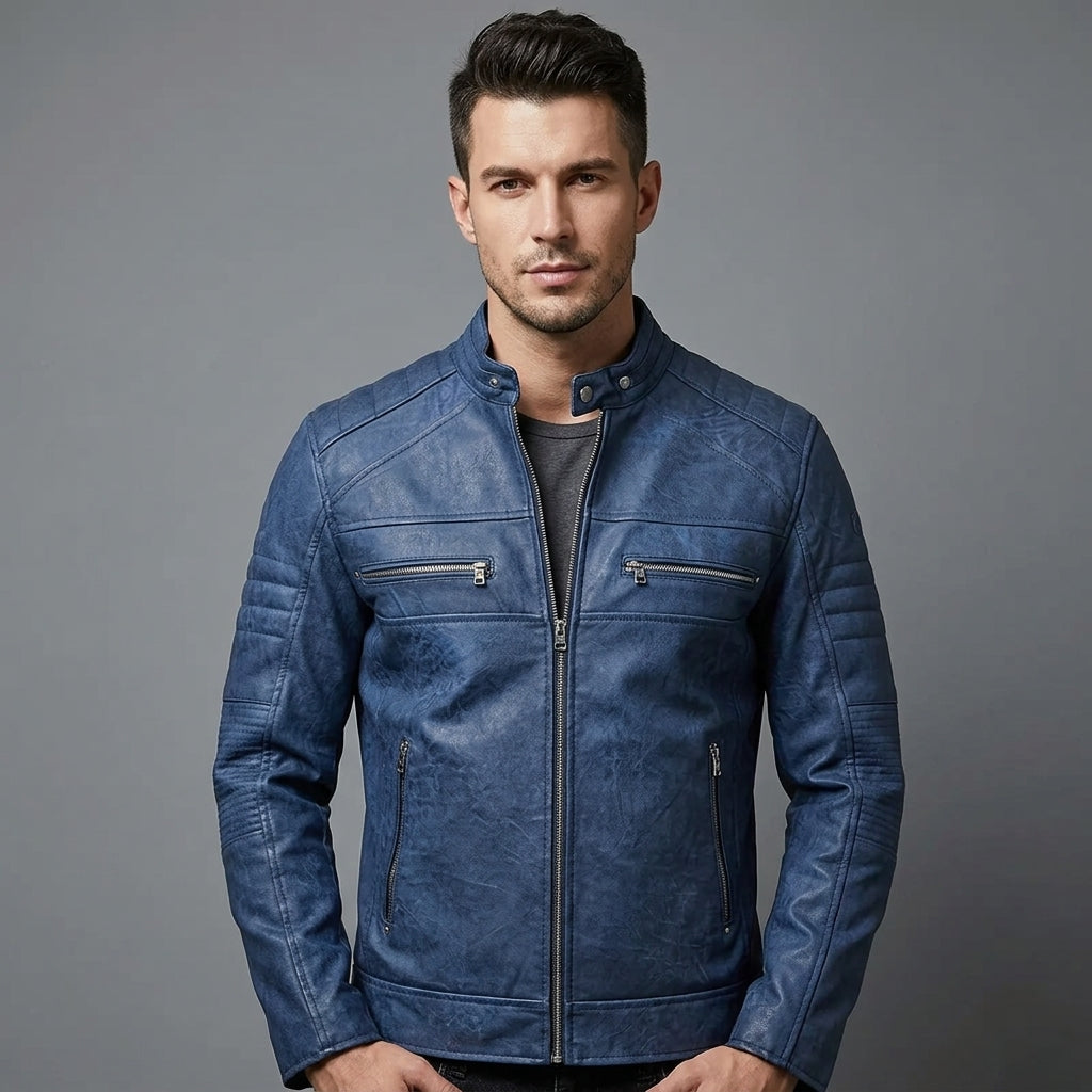 Men's Blue Cafe Racer Leather Jacket - Leather Outlet
