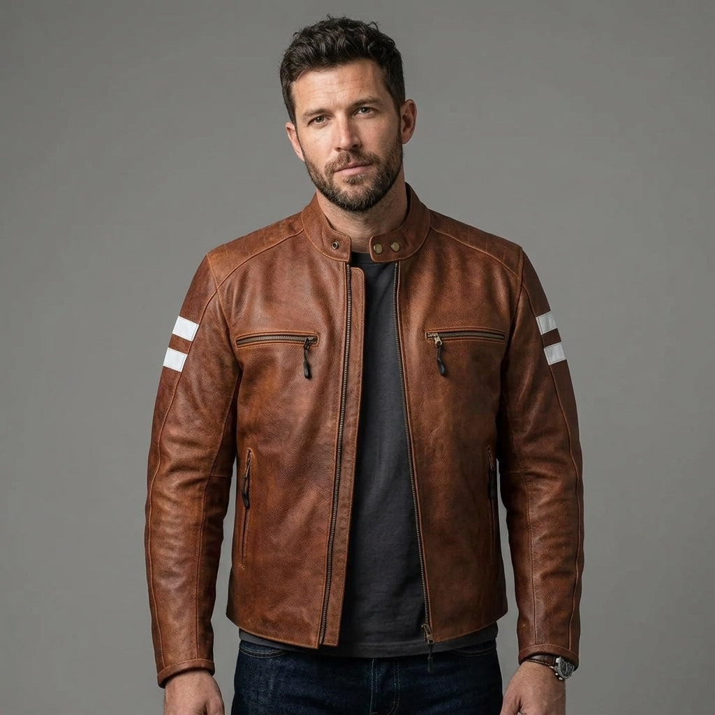 Men's Red Leather Biker Jacket - Leather Outlet