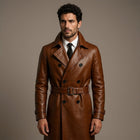 Men's Shiny Brown Leather Trench Coat - Leather Outlet
