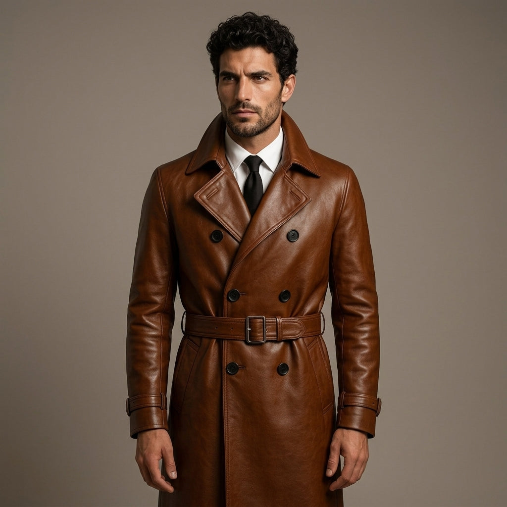 Men's Shiny Brown Leather Trench Coat - Leather Outlet