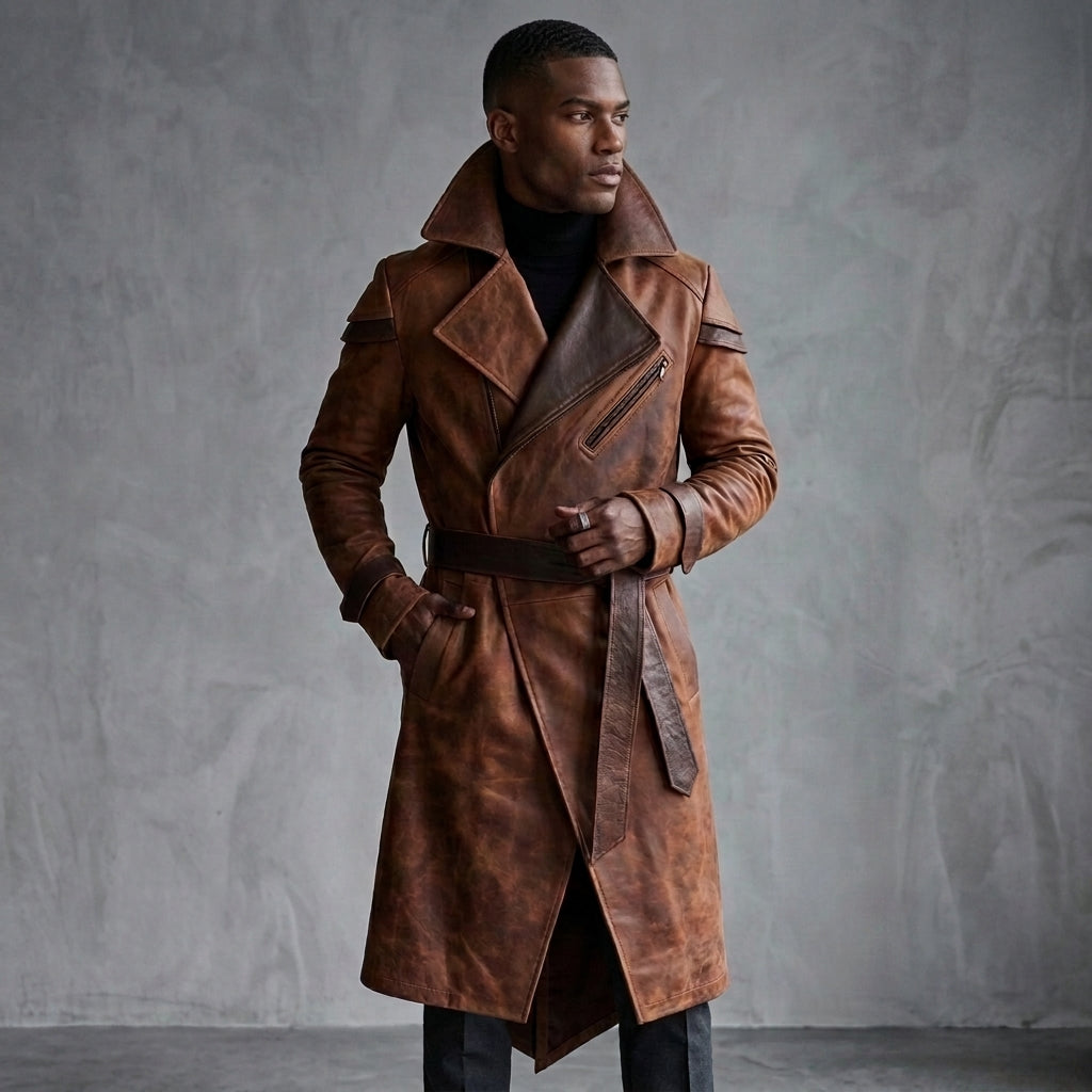 Men's Dark Brown Leather Trench Coat - Leather Outlet