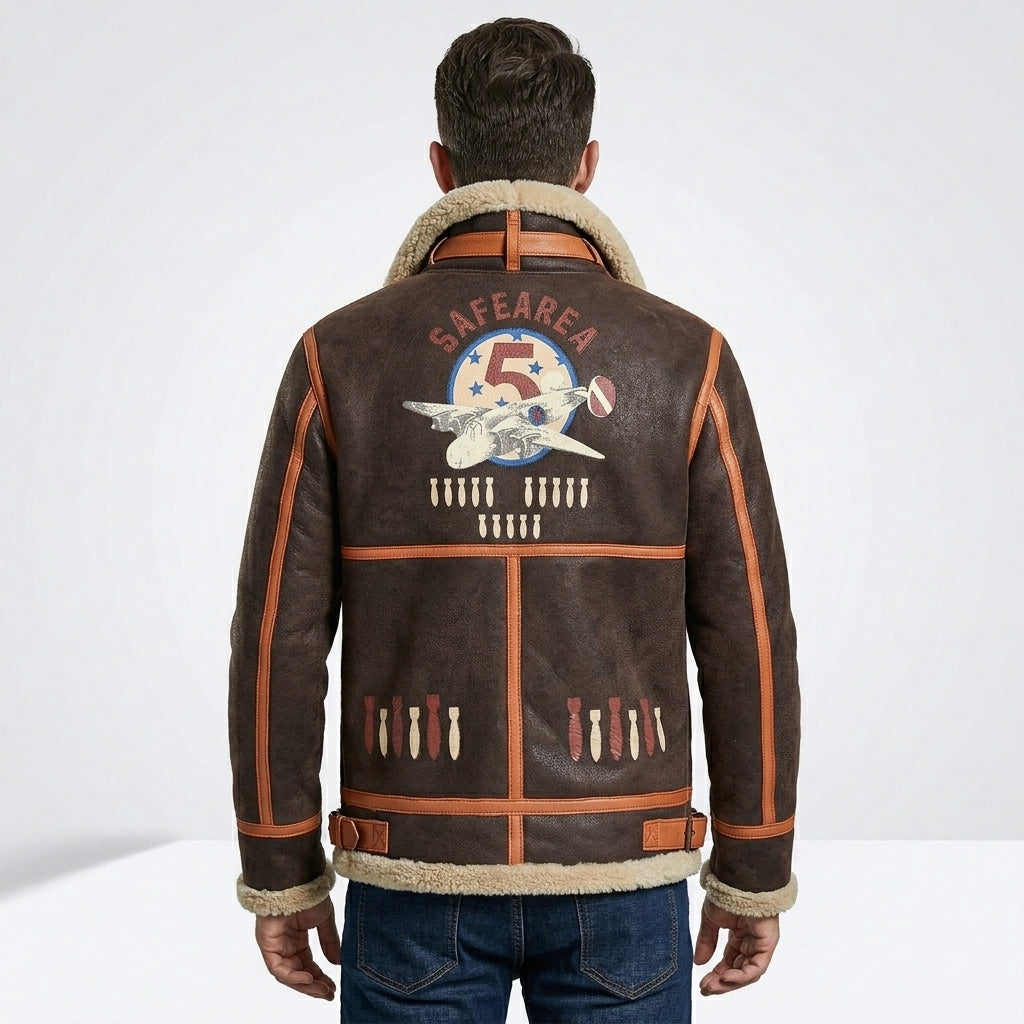 Men’s Brown B-3 Aviator Sheepskin Shearling Bomber Jacket – Premium Flight Coat