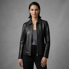 Women's Black Shirt Collar Leather Jacket