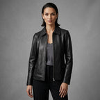 Women's Black Shirt Collar Leather Jacket