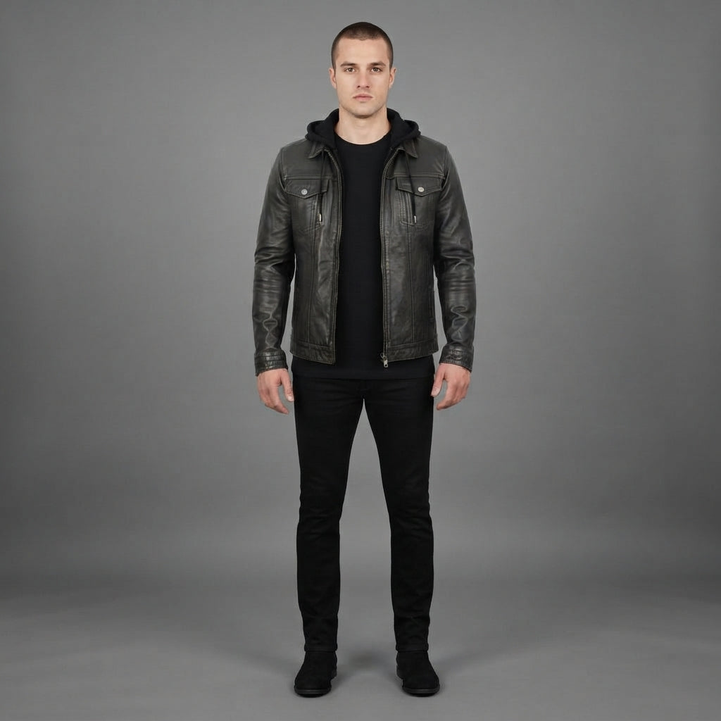 Men's Black Leather Hooded Jacket - Leather Outlet