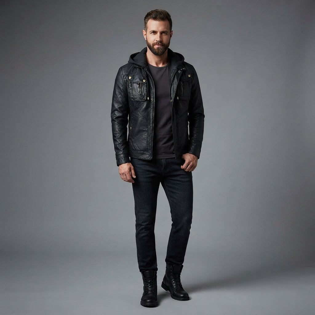 Men's Chocolate Brown Leather Hooded Jacket - Leather Outlet