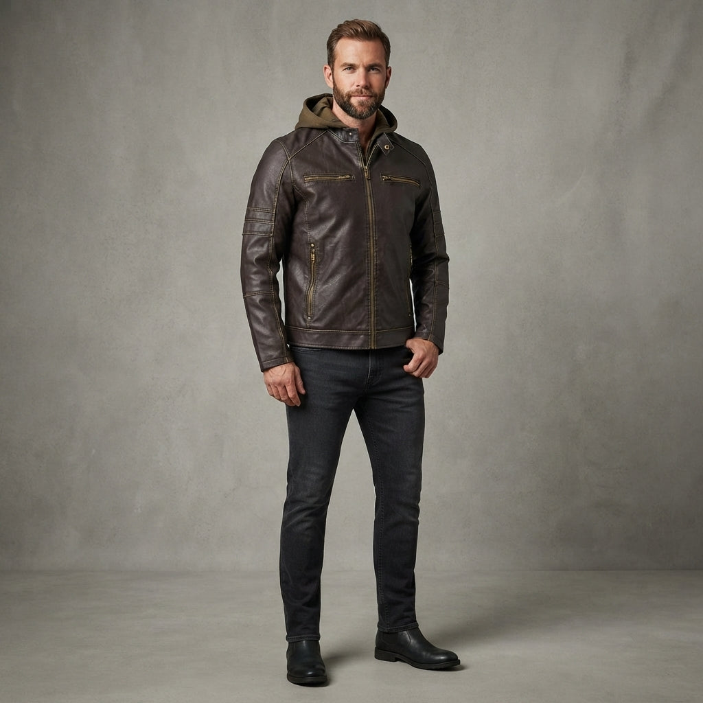 Men's Genuine Leather Hooded Jacket - Leather Outlet
