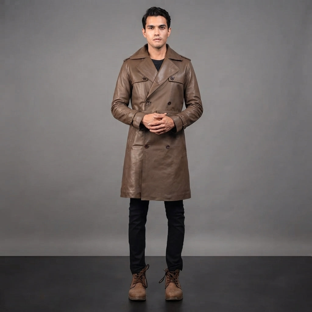 Men's Brown Leather Duster Coat - Leather Outlet