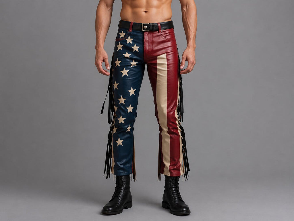American Flag Leather Fringe Pants for Men Rodeo Style