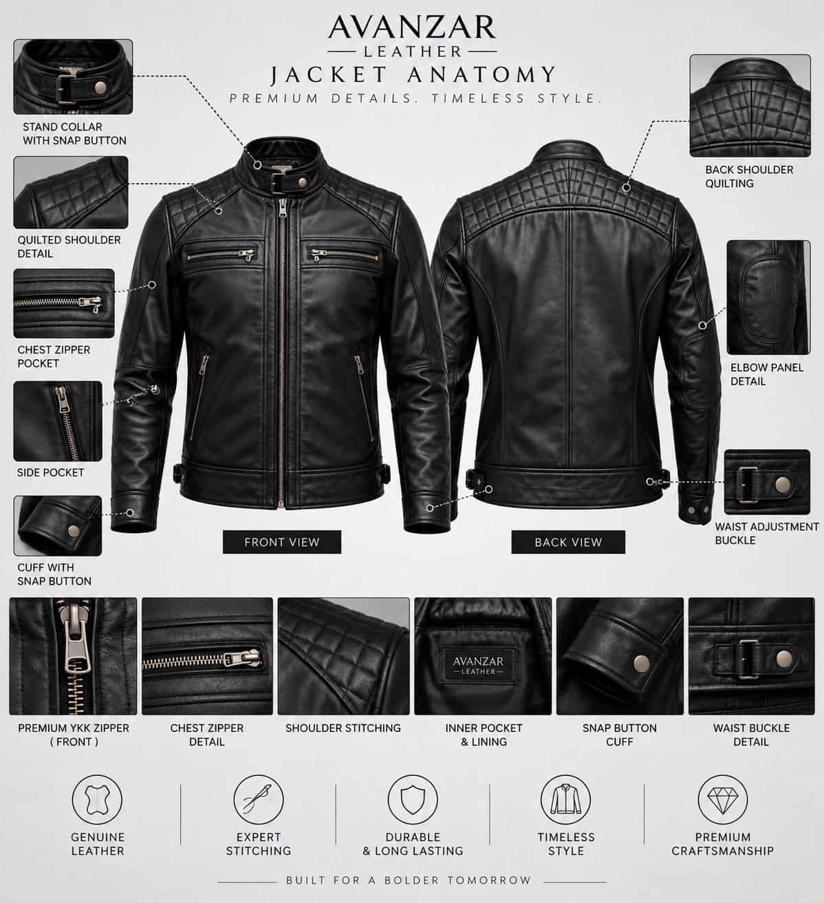 Men’s Black Genuine Leather Biker Jacket with Quilted Shoulders