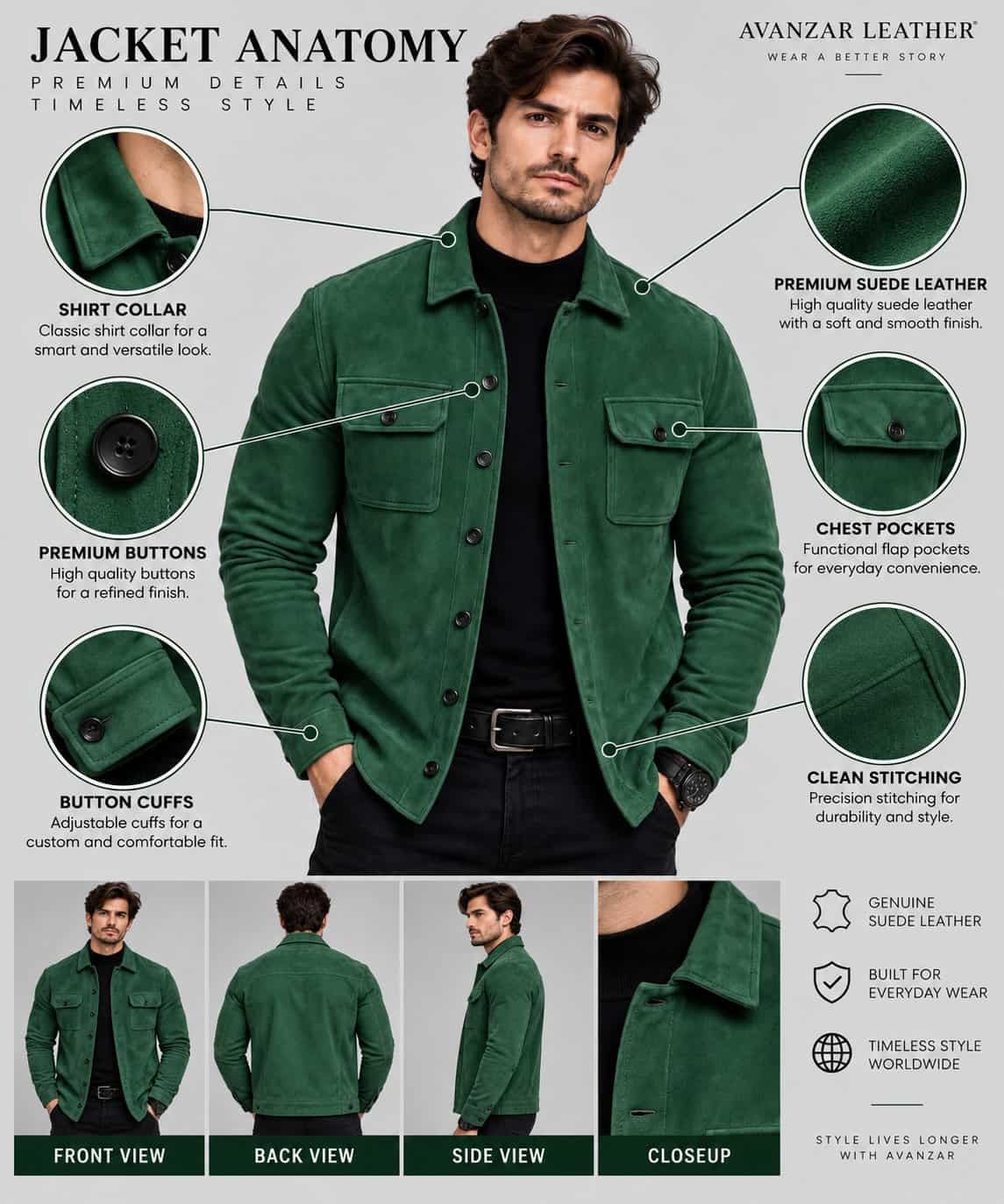 Men’s Green Sheepskin Suede Leather Biker Jacket