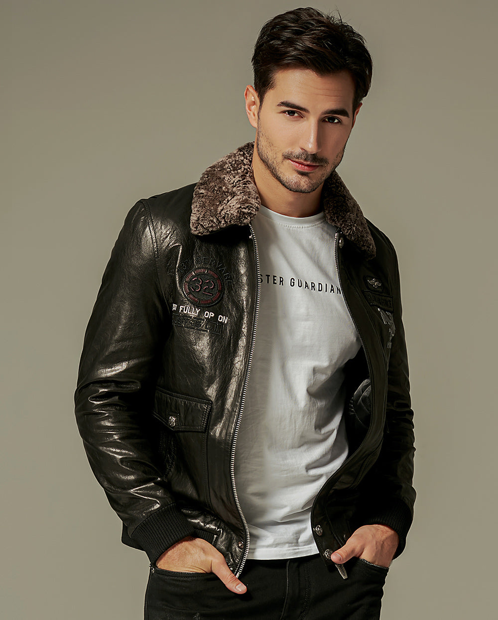Black Fur Collar Bomber Moto Leather Jacket