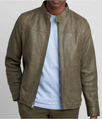 Men's Moss Green Snake Print Leather Jacket by Avanzar