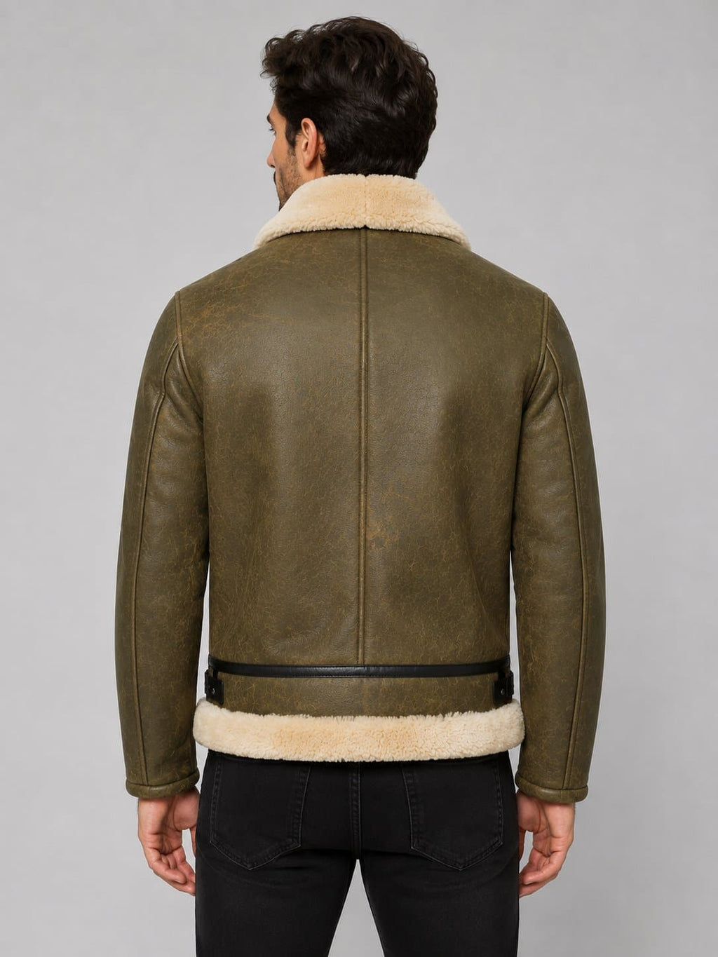 Army Green Genuine Leather Shearling Aviator Jacket – Rugged Appeal