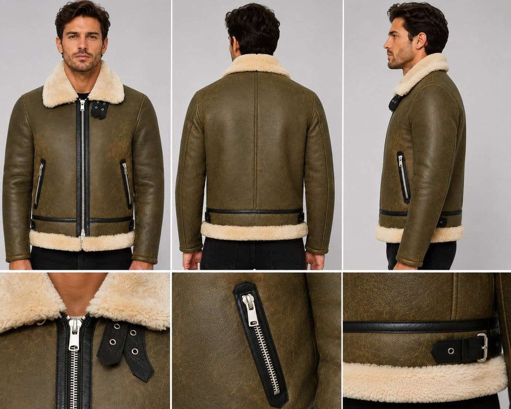 Army Green Genuine Leather Shearling Aviator Jacket – Rugged Appeal