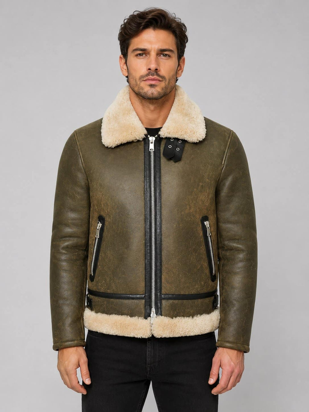 Army Green Genuine Leather Shearling Aviator Jacket – Rugged Appeal