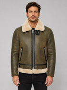 Army Green Genuine Leather Shearling Aviator Jacket – Rugged Appeal