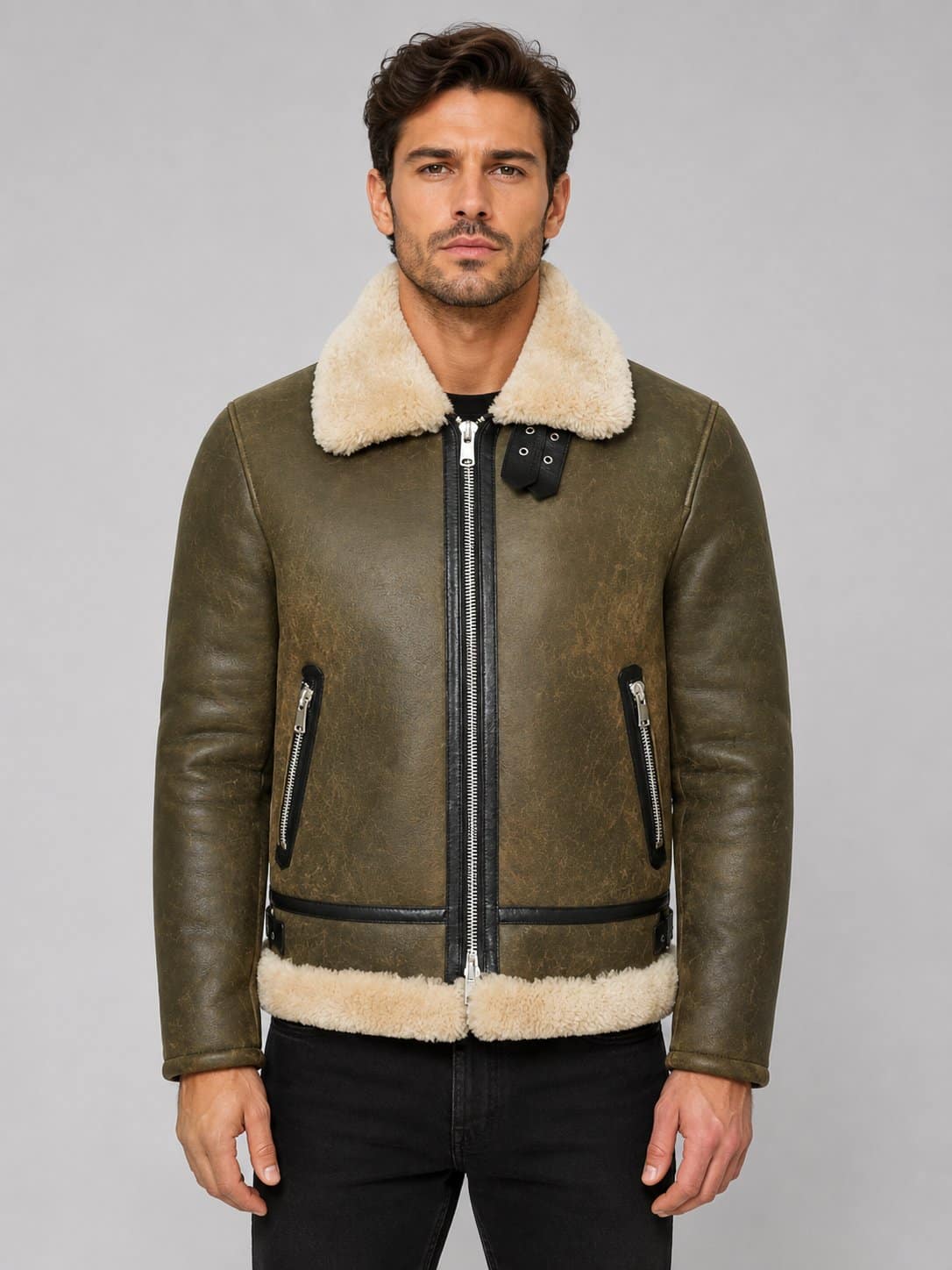 Army Green Genuine Leather Shearling Aviator Jacket – Rugged Appeal