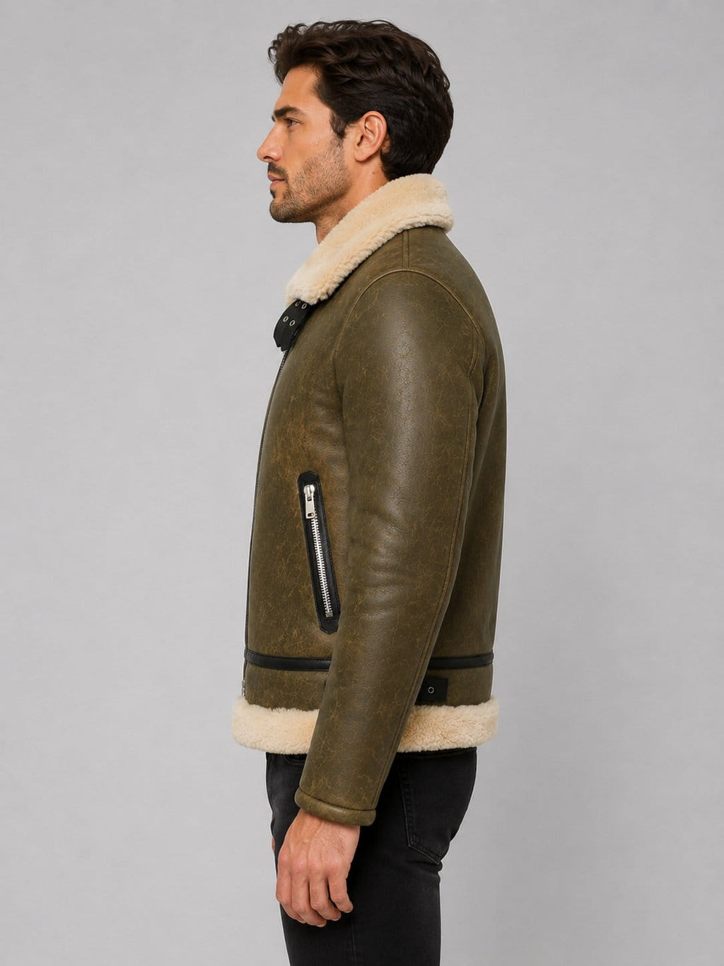 Army Green Genuine Leather Shearling Aviator Jacket – Rugged Appeal