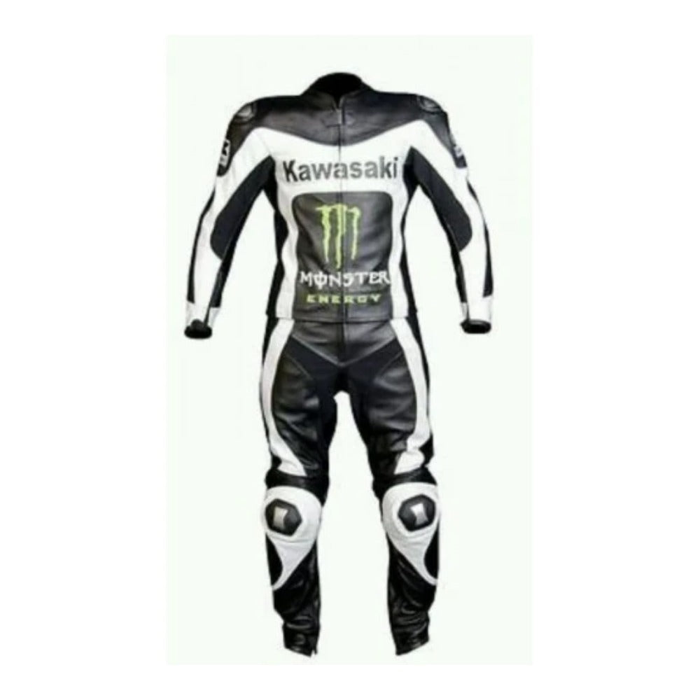 KAWASAKI MONSTER BLACK WHITE MOTORCYCLE LEATHER RACING SUIT SIZE SMALL