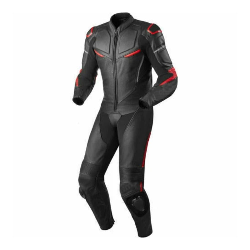 MEN RED STRIPE BLACK MOTORCYCLE LEATHER RACING SUIT