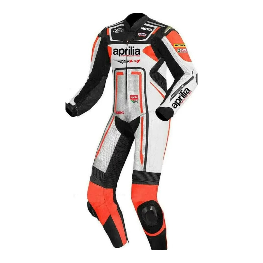 APRILIA RSV4 MEN MOTORCYCLE WHITE LEATHER RACING SUIT