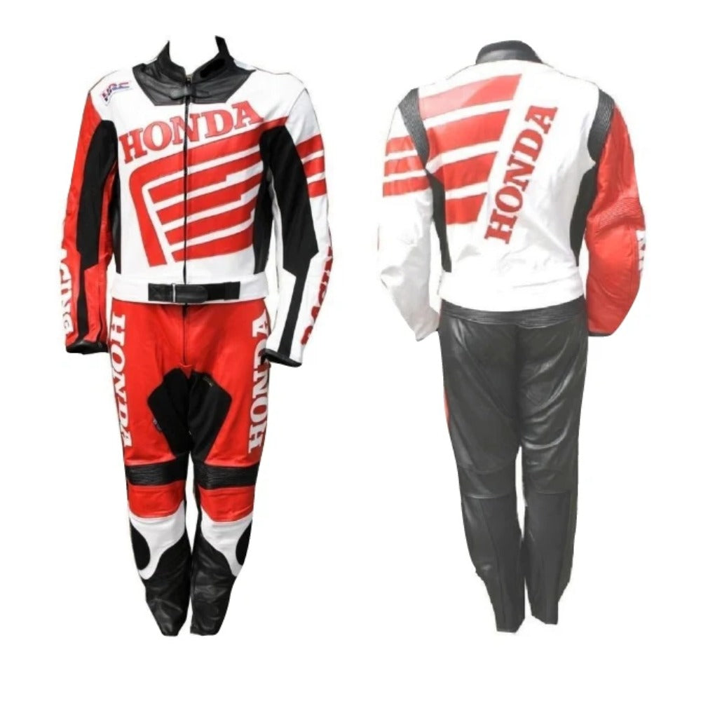 HONDA MOTORCYCLE RED AND WHITE TWO PIECE LEATHER RACING SUIT
