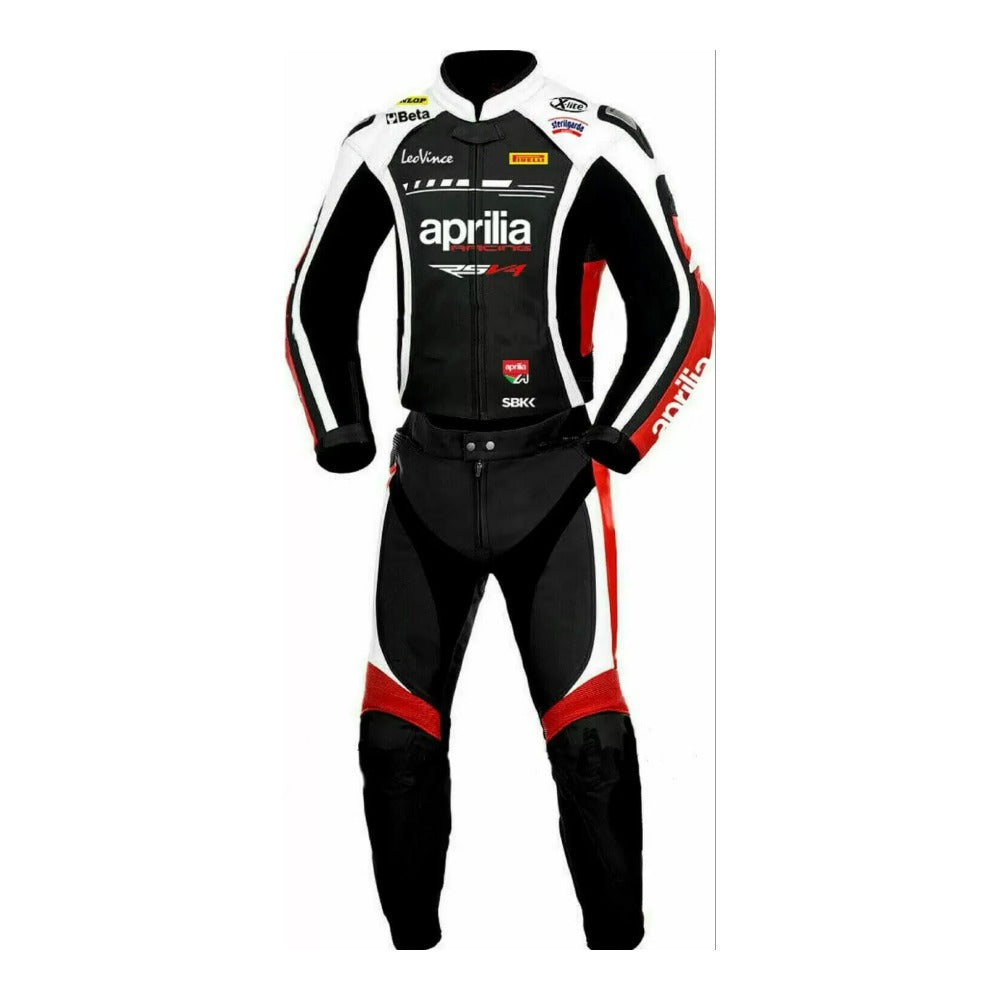 APRILIA MEN MOTORCYCLE RED AND BLACK LEATHER RACING SUIT