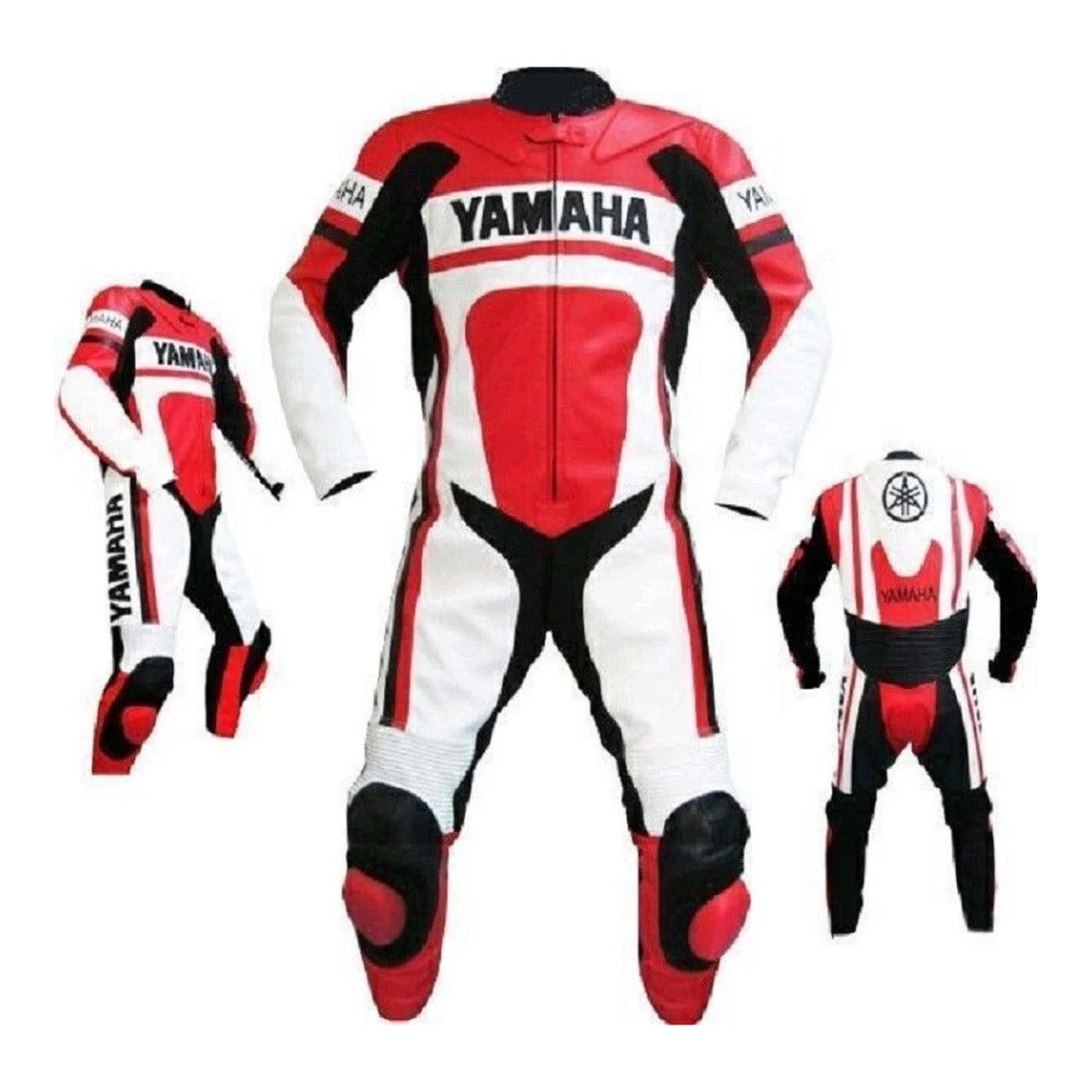 YAMAHA MOTORCYCLE RED AND WHITE LEATHER RACING SUIT