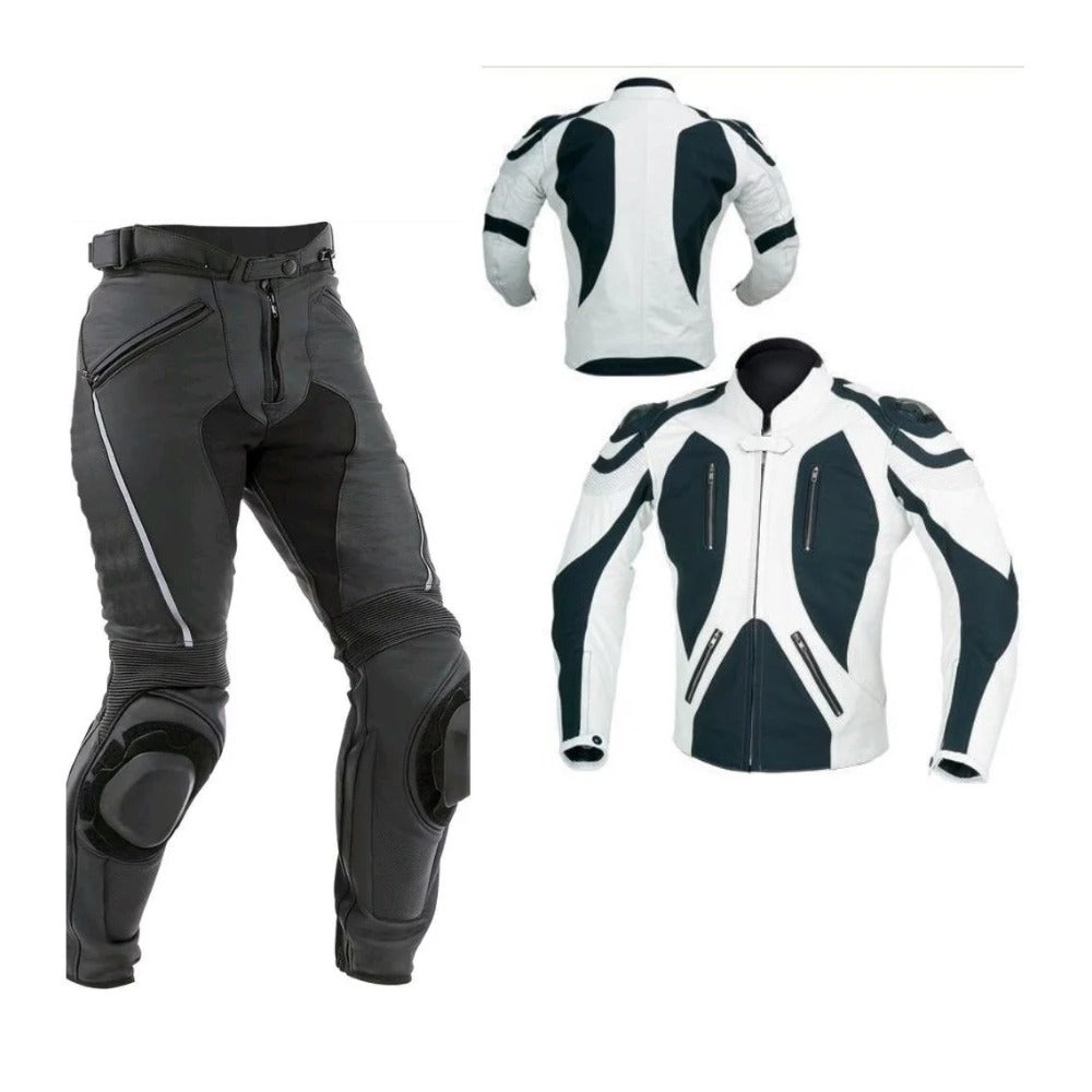 MEN MOTORCYCLE LEATHER RACING BLACK/WHITE SUIT
