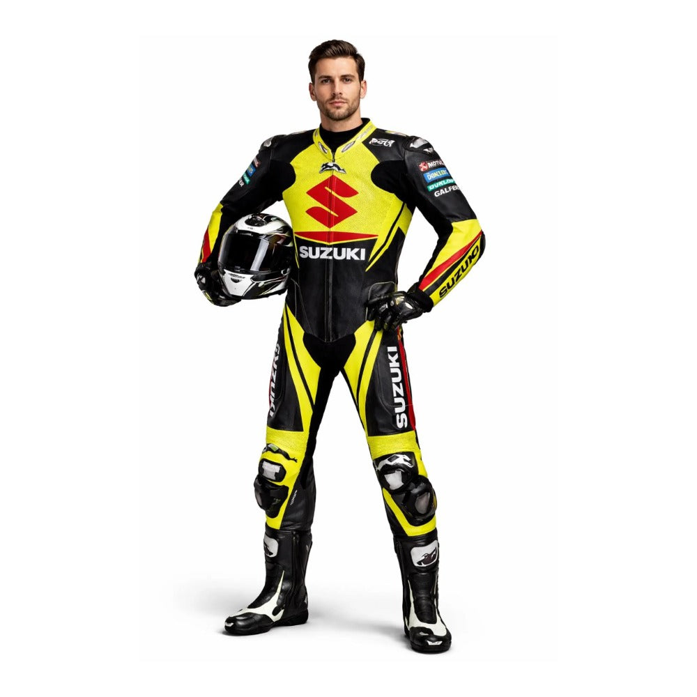 SUZUKI YELLOW AND BLACK MOTORCYCLE LEATHER RACING SUIT