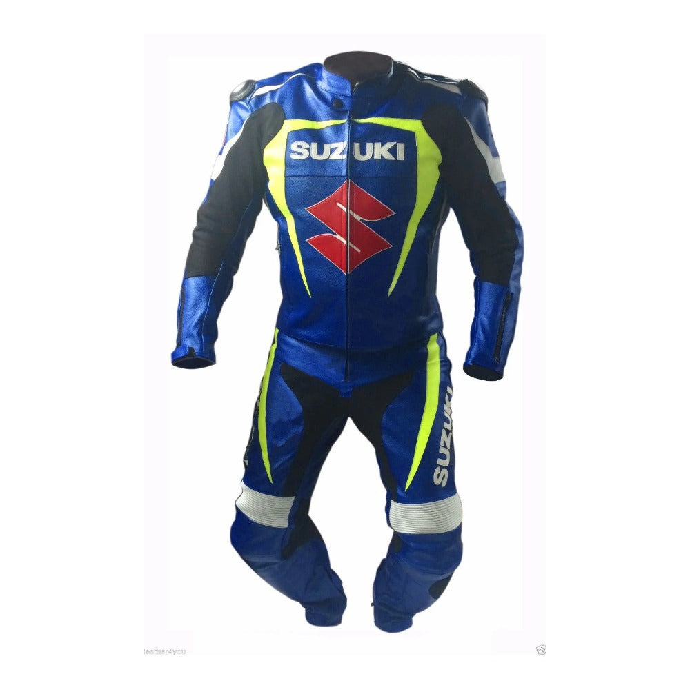 SUZUKI BLUE AND YELLOW  MOTORCYCLE LEATHER RACING SUIT