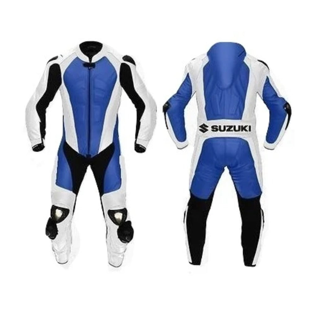 SUZUKI MEN BLUE/WHITE MOTORCYCLE LEATHER RACING SUIT