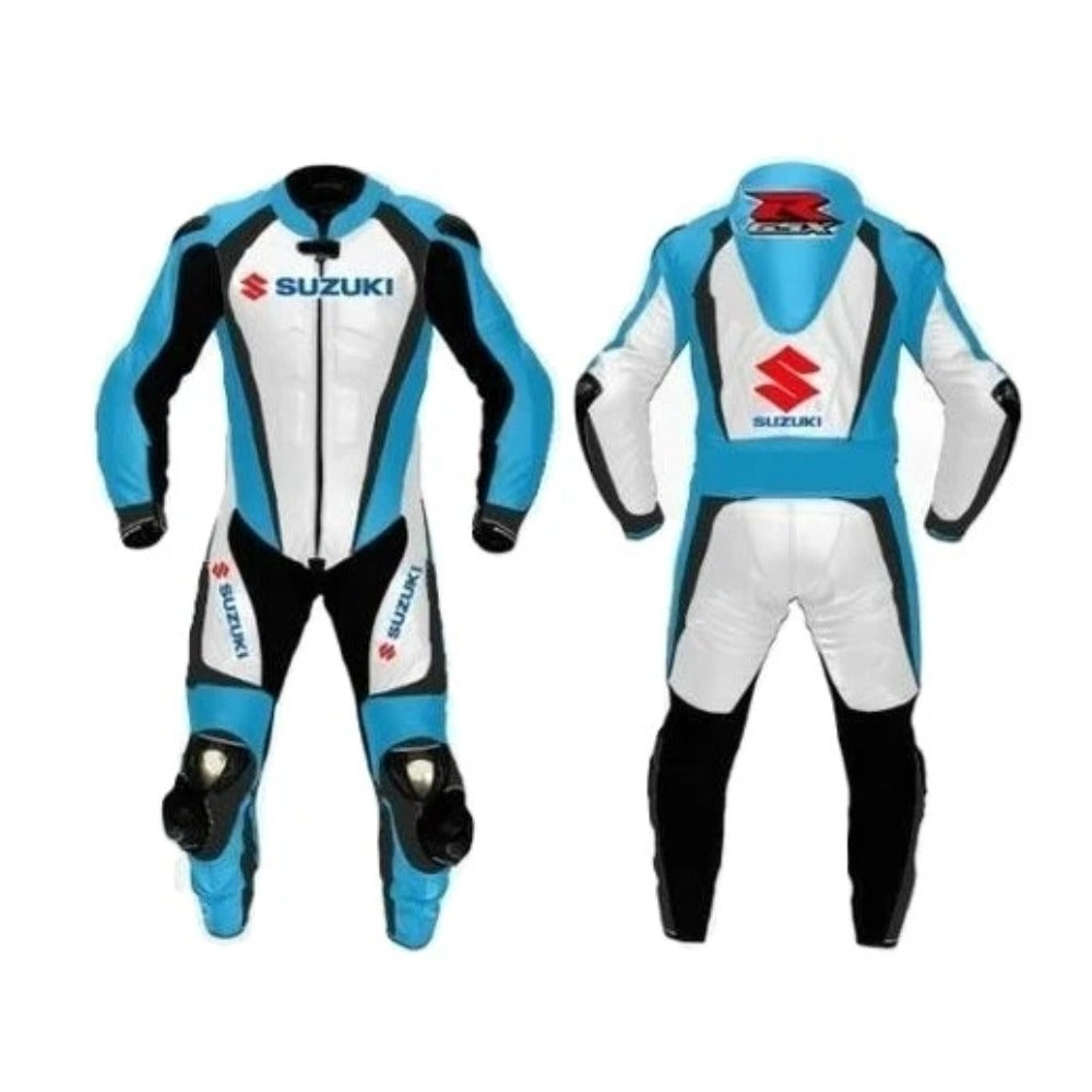 SUZUKI GSXR BLUE AND WHITE MOTORCYCLE LEATHER RACING SUIT